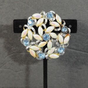 BSK Brooch Pin AB Faux Pearl Navette Blue Rhinestone Silver Tone Wreath Vintage